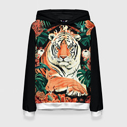 Толстовка-худи женская Огненный Тигр в Цветах, цвет: 3D-белый