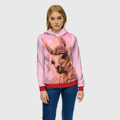 Женская толстовка Лама с цветами / 3D-Красный – фото 3