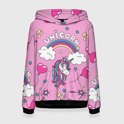 Толстовка-худи женская Единорог Радужный, цвет: 3D-черный