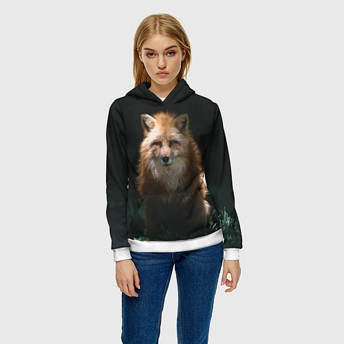 Женская толстовка Хитрый лис на черном фоне / 3D-Белый – фото 3