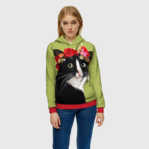 Женская толстовка Кот и цветы / 3D-Красный – фото 3
