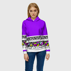 Толстовка-худи женская Яркий фиолетовый цветочный, цвет: 3D-белый — фото 2