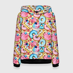 Толстовка-худи женская Вкусный узор из сладостей, цвет: 3D-черный
