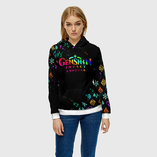 Женская толстовка GENSHIN IMPACT NEON LOGO RAINBOW STYLE, ЭМБЛЕМЫ / 3D-Белый – фото 3