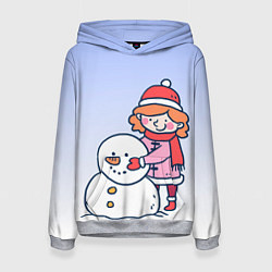 Толстовка-худи женская Девочка лепит снеговика, цвет: 3D-меланж