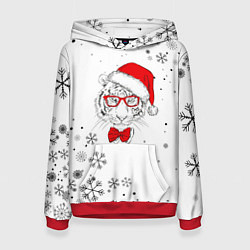 Толстовка-худи женская Новогодний тигр летящие снежинки, цвет: 3D-красный