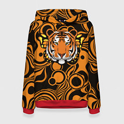 Толстовка-худи женская Голова тигра с бабочкой, цвет: 3D-красный
