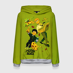 Толстовка-худи женская Шигео, Ямочки и Рэйгэн налет на пиццу - Mob Psycho, цвет: 3D-меланж