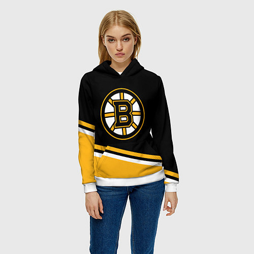 Женская толстовка Бостон Брюинз, Boston Bruins Диагональные полосы / 3D-Белый – фото 3