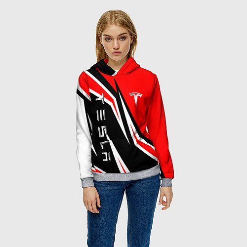 Женская толстовка ТЕСЛА - КРАСНЫЙ СПОРТИВНЫЙ / 3D-Меланж – фото 3