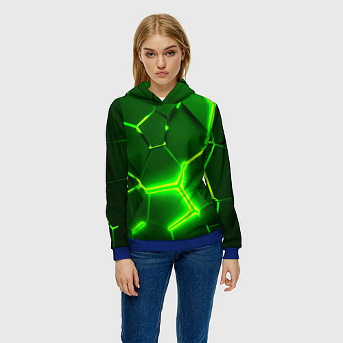 Женская толстовка 3D ПЛИТЫ НЕОН NEON GREEN HEXAGON РАЗЛОМ / 3D-Синий – фото 3