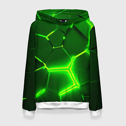 Толстовка-худи женская 3D ПЛИТЫ НЕОН NEON GREEN HEXAGON РАЗЛОМ, цвет: 3D-белый