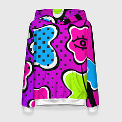Толстовка-худи женская Яркий абстрактный узор в стиле 90х, неоновые цвета, цвет: 3D-белый