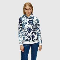 Толстовка-худи женская Гжелевые цветы, цвет: 3D-белый — фото 2