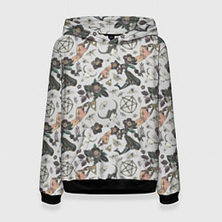 Толстовка-худи женская Пентаграмма, бабочка, череп, ведьма, темные цветы, цвет: 3D-черный