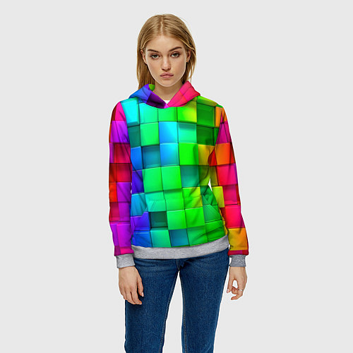 Женская толстовка РАЗНОЦВЕТНЫЕ КУБИКИ MULTICOLORED CUBES / 3D-Меланж – фото 3