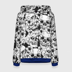 Толстовка-худи женская Чёрно белые черепа и маки, цвет: 3D-синий