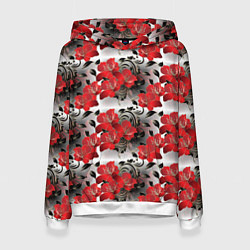 Толстовка-худи женская Красные абстрактные цветы, цвет: 3D-белый