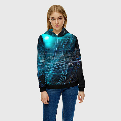 Женская толстовка Неоновые волны и линии - Голубой / 3D-Черный – фото 3