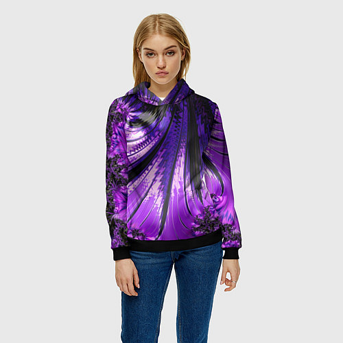Женская толстовка Неоновый фрактал черный с фиолетовым Абстракция / 3D-Черный – фото 3