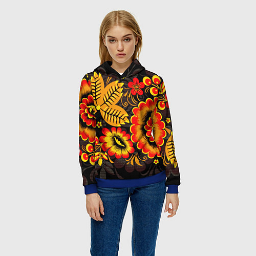 Женская толстовка Хохломская Роспись Цветы На Тёмном Фоне / 3D-Синий – фото 3