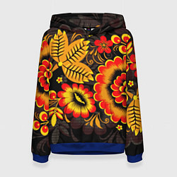 Толстовка-худи женская Хохломская Роспись Цветы На Тёмном Фоне, цвет: 3D-синий