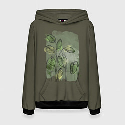 Толстовка-худи женская Нежные акварельные листья, цвет: 3D-черный