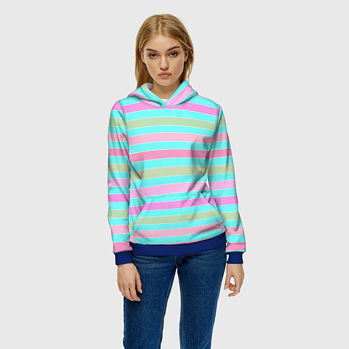 Женская толстовка Pink turquoise stripes horizontal Полосатый узор / 3D-Синий – фото 3