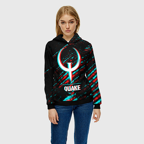Женская толстовка Quake в стиле glitch и баги графики на темном фоне / 3D-Черный – фото 3
