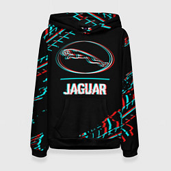 Толстовка-худи женская Значок Jaguar в стиле glitch на темном фоне, цвет: 3D-черный