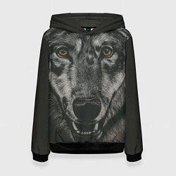 Толстовка-худи женская Крупная морда серого волка, цвет: 3D-черный