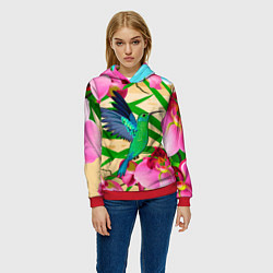 Толстовка-худи женская Колибри и орхидеи, цвет: 3D-красный — фото 2