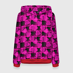 Толстовка-худи женская Black and pink hearts pattern on checkered, цвет: 3D-красный