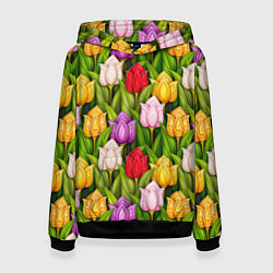 Толстовка-худи женская Объемные разноцветные тюльпаны, цвет: 3D-черный