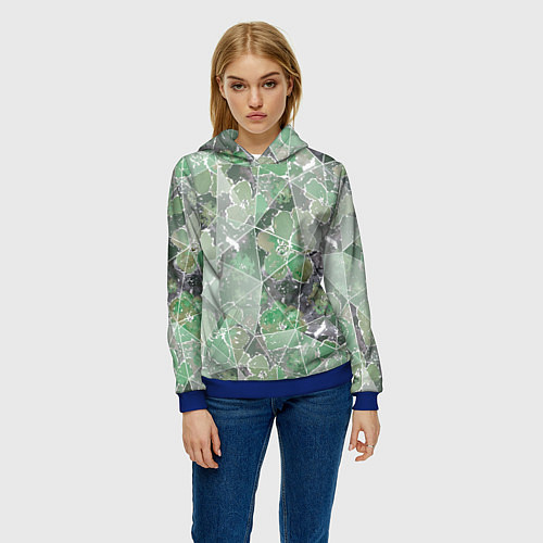 Женская толстовка Зеленые цветы на сером мраморном фоне / 3D-Синий – фото 3