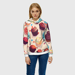 Толстовка-худи женская Капкейки на разный вкус, цвет: 3D-белый — фото 2