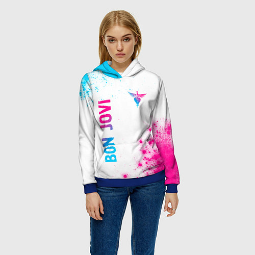 Женская толстовка Bon Jovi neon gradient style: надпись, символ / 3D-Синий – фото 3