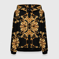 Толстовка-худи женская Золотая гжель модные цветы, цвет: 3D-черный