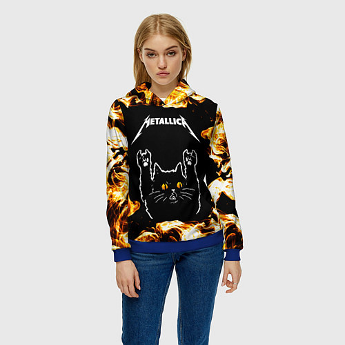Женская толстовка Metallica рок кот и огонь / 3D-Синий – фото 3