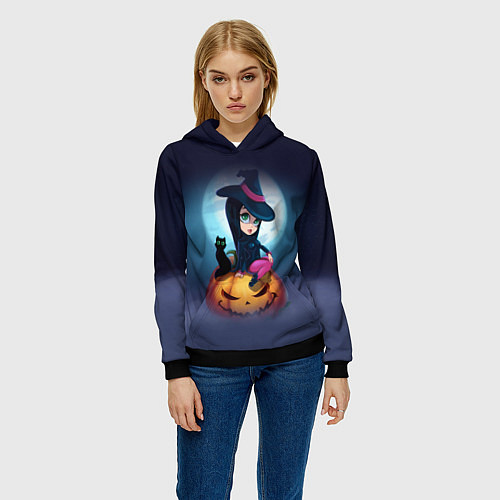Женская толстовка Маленькая прикольная ведьмочка с милым котёнком / 3D-Черный – фото 3