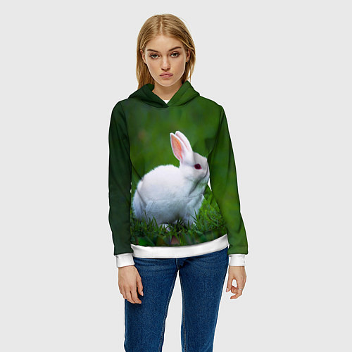 Женская толстовка Кролик на фоне травы / 3D-Белый – фото 3