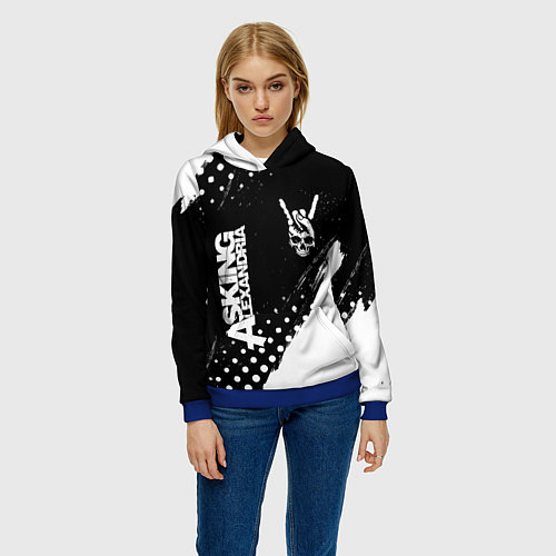 Женская толстовка Asking Alexandria и рок символ на темном фоне / 3D-Синий – фото 3