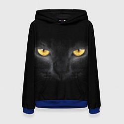 Толстовка-худи женская Чёрная кошка с оранжевыми глазами, цвет: 3D-синий