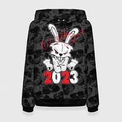 Толстовка-худи женская С Новым годом! 2023 Злой кролик, цвет: 3D-черный