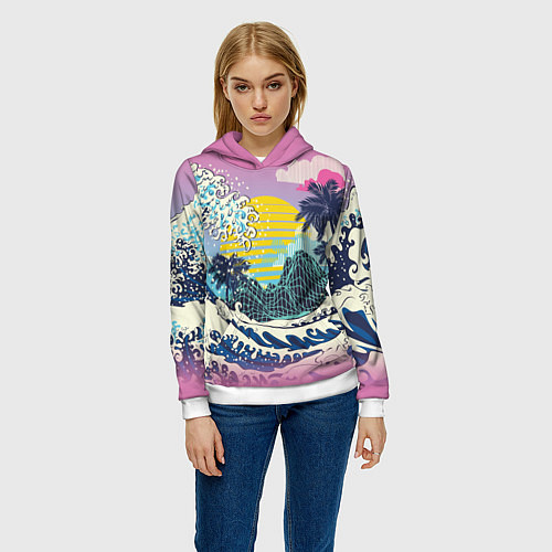 Женская толстовка Штормовые океанские волны и пальмы / 3D-Белый – фото 3