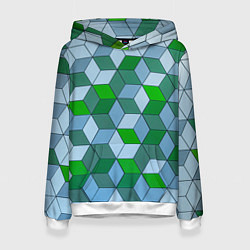 Толстовка-худи женская Зелёные и серые абстрактные кубы с оптической иллю, цвет: 3D-белый