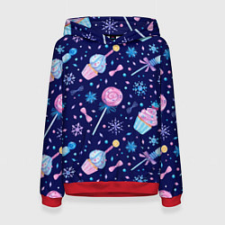 Толстовка-худи женская Новогодние сладости - леденцы, цвет: 3D-красный