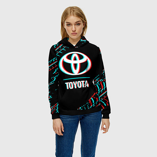 Женская толстовка Значок Toyota в стиле glitch на темном фоне / 3D-Черный – фото 3