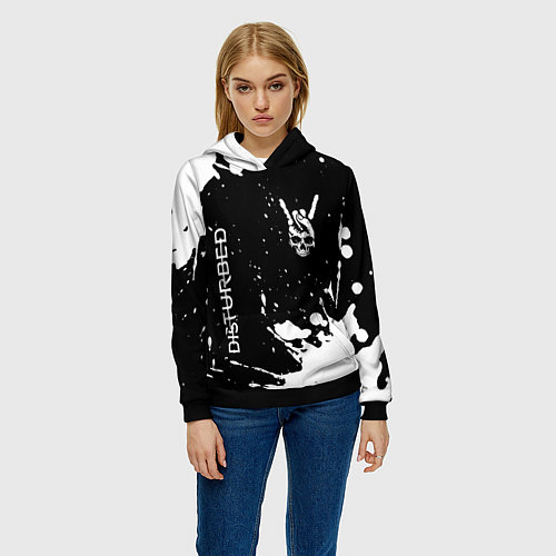 Женская толстовка Disturbed и рок символ на темном фоне / 3D-Черный – фото 3