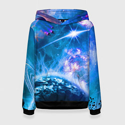 Толстовка-худи женская Космос - планета и яркая звезда, цвет: 3D-черный